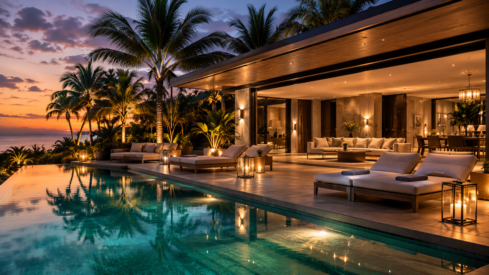 Private luxury tropical villa with illuminated pool at sunset